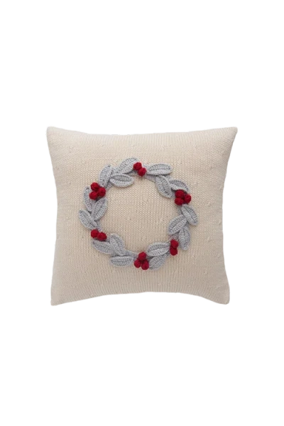 Melange Collection 10" Grey Wreath With Berries Pillow, Ecru In Ivory
