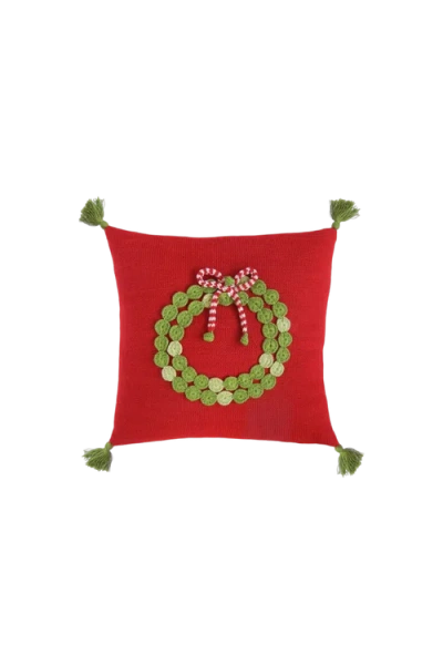 Melange Collection 14" Green Wreath Pillow, Red