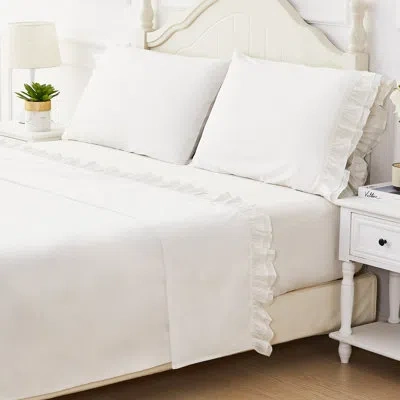 Melange Double Ruffle Cotton Percale Sheet Set In White