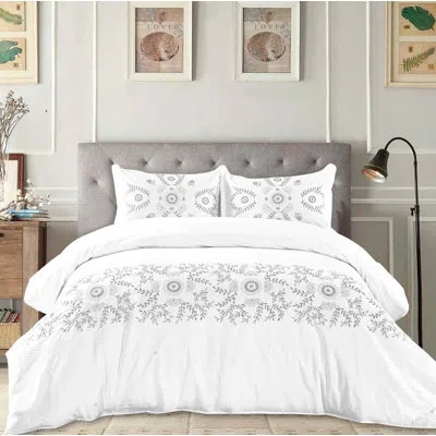 Melange Embroidered Cotton Duvet Cover Set In White,gray