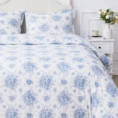 Melange Floral Etching Percale Cotton Duvet Set In Blue