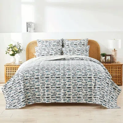 Melange Handstitched Fish Print Kantha Coverlet In Blue