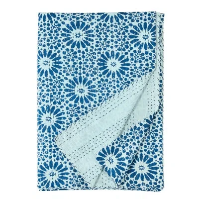 Melange Handstitched Flower Kantha Coverlet In Blue
