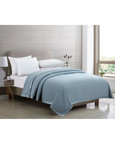 Melange Home 100% Merino Wool Blanket With Satin Border In Blue