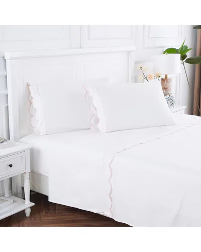 MELANGE MÉLANGE HOME 300 THREAD COUNT SCALLOP FRAME EMBROIDERY PERCALE COTTON SHEET  SET