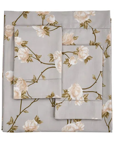 Melange Home 400 Thread Count Sateen Cotton Alabaster Rose Hemstitch Sheet Set In White