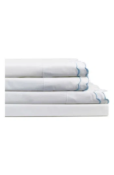 Melange Home Double Scallop Embroidered 300 Thread Count 100% Cotton Sheet Set In Blue/white