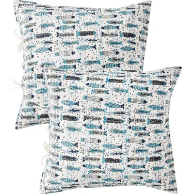 Melange Home Fish Handstitched Kantha Set Of 2 Cotton Shams In Indigo