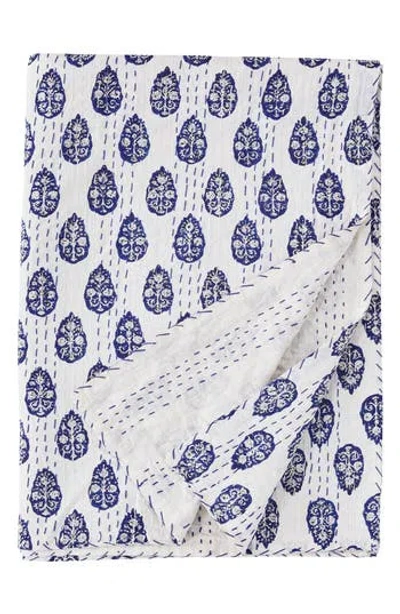 Melange Home Floral Paisley Kantha Cotton Throw Blanket In Indigo