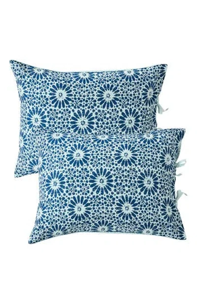 Melange Home Flower Burst Handstitched Kantha Set Of 2 Cotton Shams In Indigo