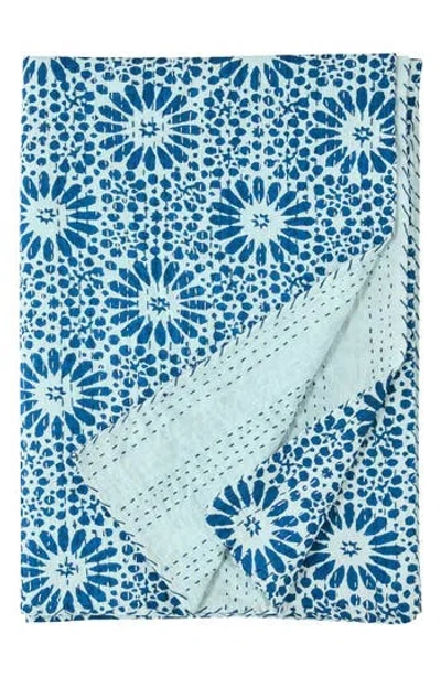Melange Home Flower Burst Kantha Cotton Throw Blanket In Indigo