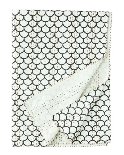 Melange Hand Stitched Scallop Kantha Throw - Indigo In White