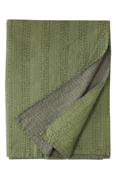 Melange Home Kantha Reversible Cotton Throw Blanket In Forest And Olive