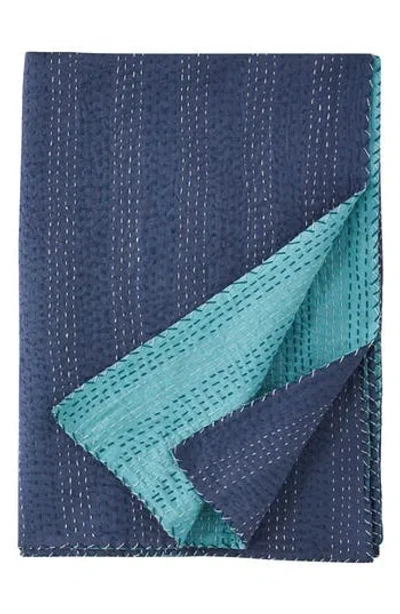 Melange Home Kantha Reversible Cotton Throw Blanket In Navy And Teal