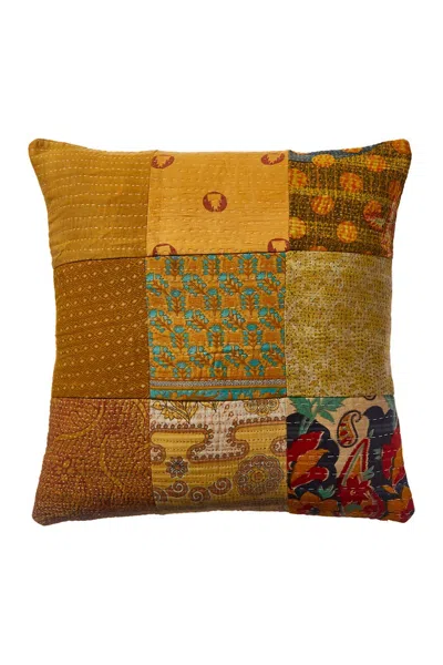 Melange Tic Tac Toe One Of A Kind Overdye Kantha Decor Pillow Cover In Golden