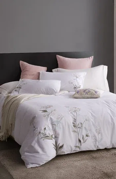 Melange Home White Hydrangea Embroidery Cotton Duvet Cover Set In White/white