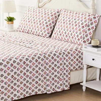Melange Sumita Floral Printed Cotton Percale Sheet Set In Pink