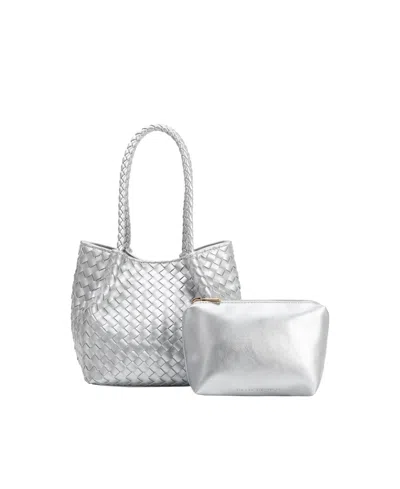 Melie Bianco Anahi Woven Medium Top Handle Bag In Silver