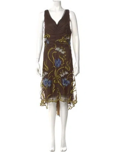 Pre-owned Melinda Eng Printed Midi Length Dress W/ Tags In Brown