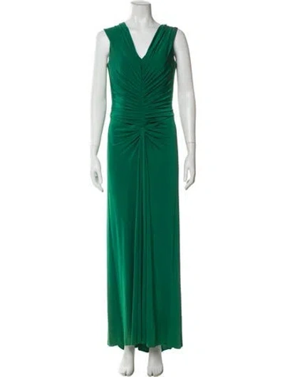Pre-owned Melinda Eng V-neck Long Dress In Green