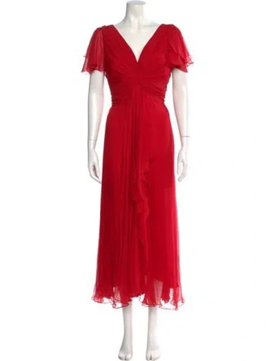 Pre-owned Melinda Eng V-neck Long Dress In Red