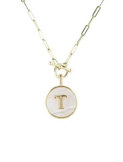Pre-owned Melinda Maria Mother Of Pearl & Crystal 't' Love Letters Pendant Necklace, 10" In Transparent