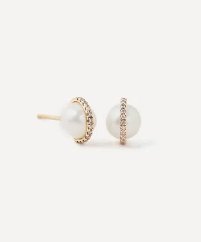 Melissa Joy Manning 14ct Gold Pearl Micropave Bezel Stud Earrings