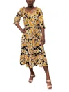 Melissa Masse Ruffled Scroll Printed Dress In Black And Golden Yellow In Yellow