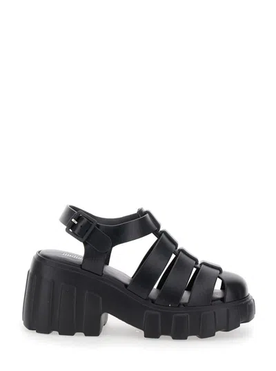 MELISSA 'MEGAN' BLACK SANDALS WITH ADJUSTABLE BUCKLE CLOSURE AND CAGE DESIGN