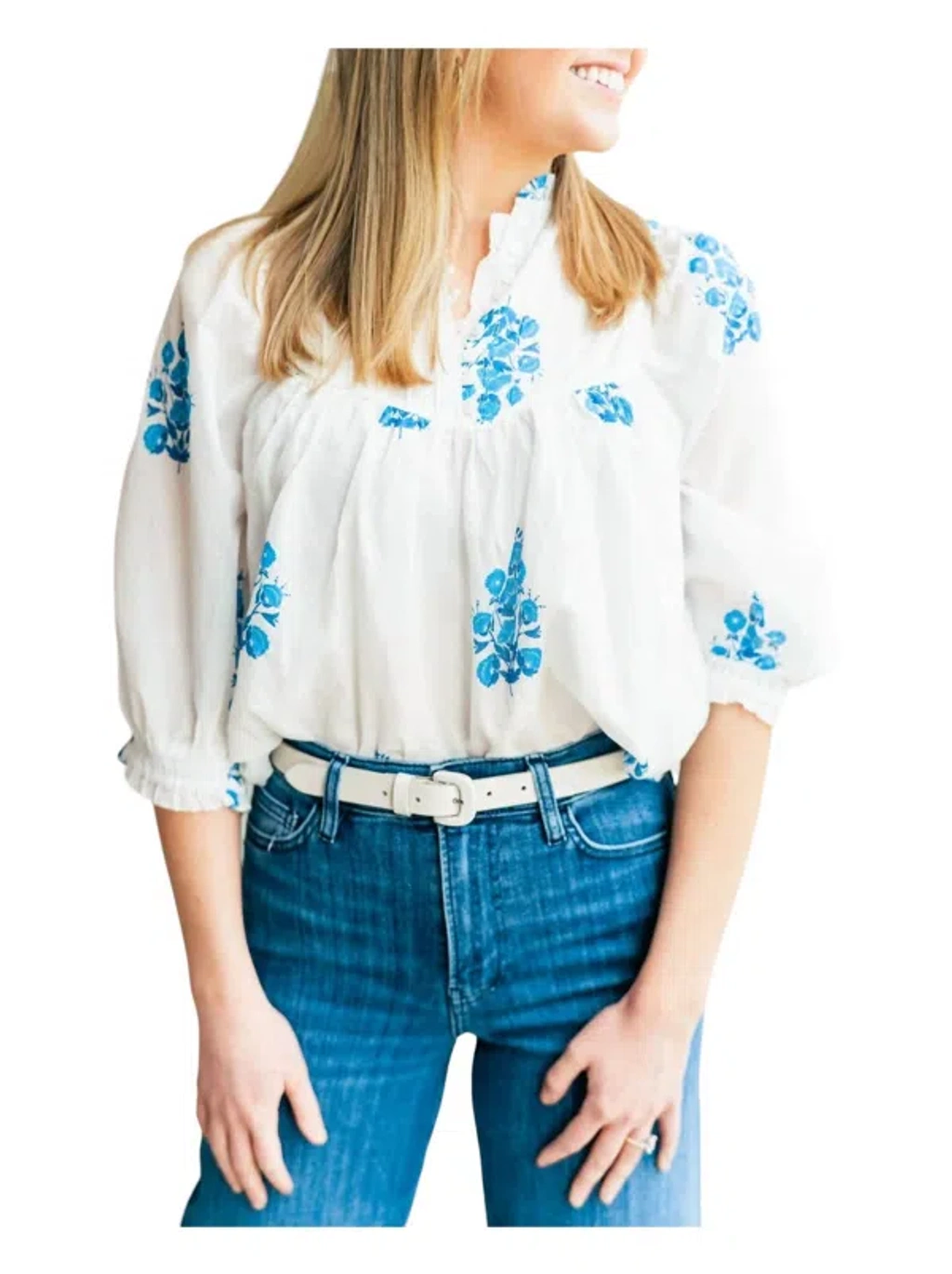 Melissa Nepton Dahlia Top In Blue Floral In White | ModeSens