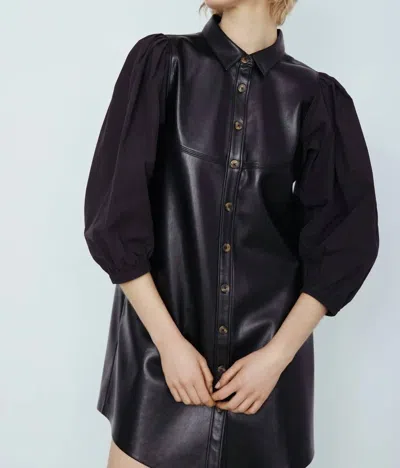 Melissa Nepton Faux Leather Button Front Dress With Poplin Puff Sleeves In Black