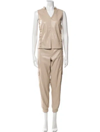 Pre-owned Melissa Nepton Faux Leather Ruffle Embellishment Pant Set In Neutral