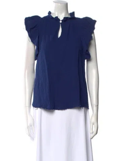 Pre-owned Melissa Nepton Mock Neck Short Sleeve Blouse In Blue