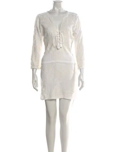 Pre-owned Melissa Odabash Floral Print Tassel Accents Cover-up In White