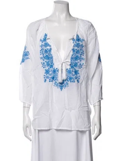 Pre-owned Melissa Odabash Floral Print V-neck Top In White