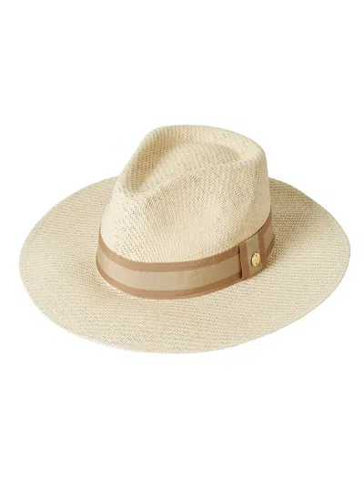 Melissa Odabash Gigi Hat | Womens Wide Brim Sun Hat | Cream Paper With Tonal Tan Striped Ribbon Band | Summer Beachw