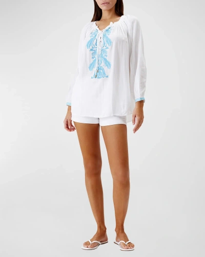 Melissa Odabash Kitty Embroidered Long-sleeve Shirt In White