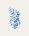 Melissa Odabash Leaf Arizona Ruched Asymmetric One-piece Swimsuit In Blue Leaf