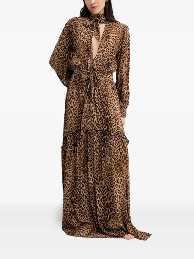 MELISSA ODABASH LEOPARD-PRINT RUFFLED MAXI DRESS