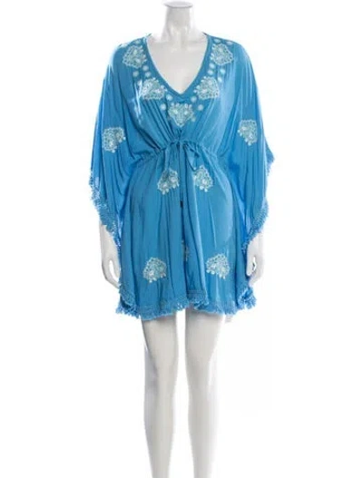 Pre-owned Melissa Odabash Printed Fringe Trim Accent Cover-up In Blue