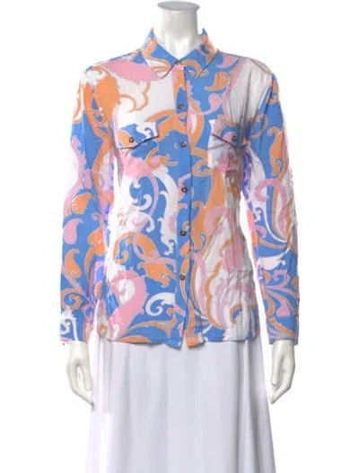 Pre-owned Melissa Odabash Printed Long Sleeve Button-up Top In Blue