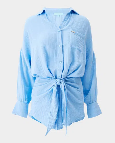 Melissa Odabash Sara Gauze Wrap Mini Shirtdress In Dusty Blue