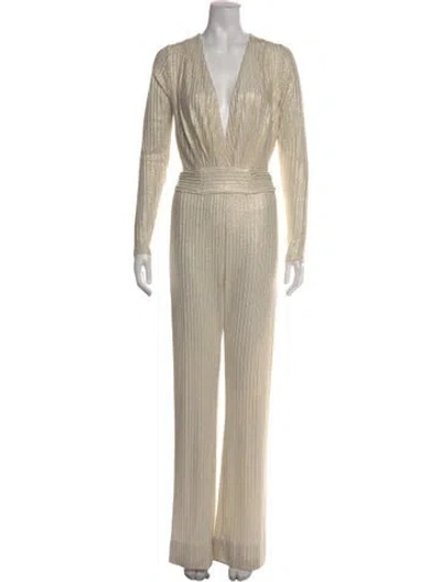 Pre-owned Melissa Odabash Striped Plunge Neckline Jumpsuit In Metallic/neutrals