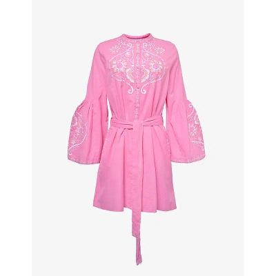 Melissa Odabash Everly Embroidered-front Cotton And Linen-blend Mini Dress In Pink/white