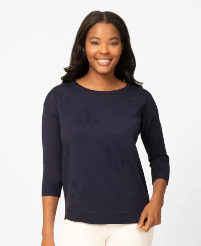 Melissa Paige Petite Anchor Textured Hi-low Boat Neck Sweater In Blue