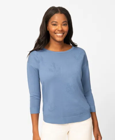 Melissa Paige Petite Anchor Textured Hi-low Boat Neck Sweater In Blue
