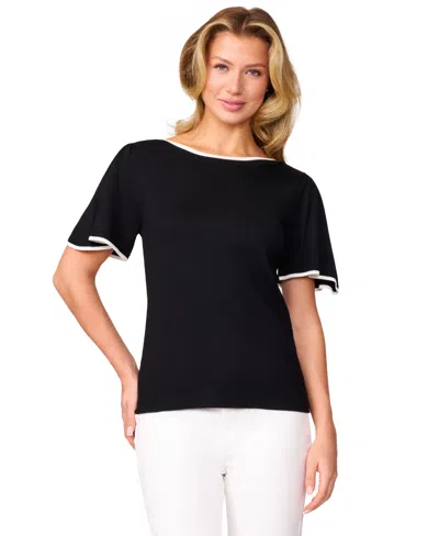Melissa Paige Petite Boat-neck Flutter-sleeve Sweater In Black