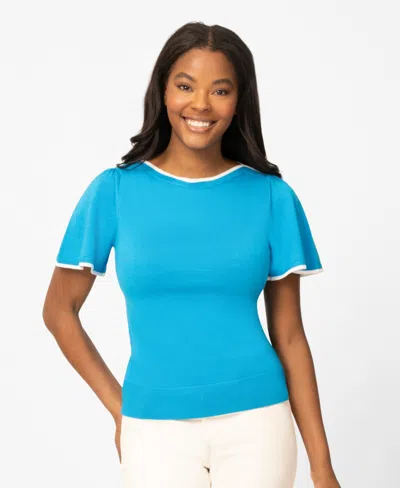 Melissa Paige Petite Boat-neck Flutter-sleeve Sweater In Blue