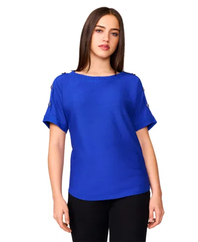 Melissa Paige Petite Button Detail Dolman Short-sleeve Sweater In Blue
