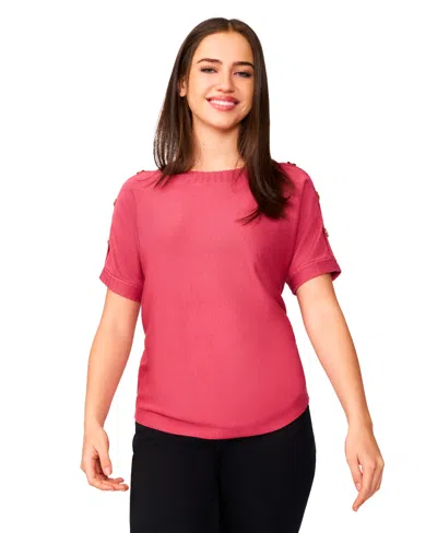 Melissa Paige Petite Button Detail Dolman Short-sleeve Sweater In Pink